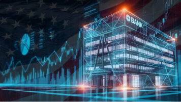 A bank and financial charts with a subtle background of an American flag