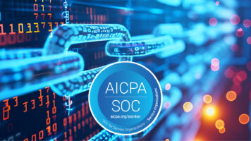 An AICPA SOC for Service Organizations badge on a background of chains and computer code, representing cybersecurity