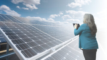 A loan servicer writing on a tablet with commercial solar panels in the background