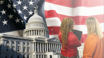 The U.S. Capitol and flag with 2 women servicing loans